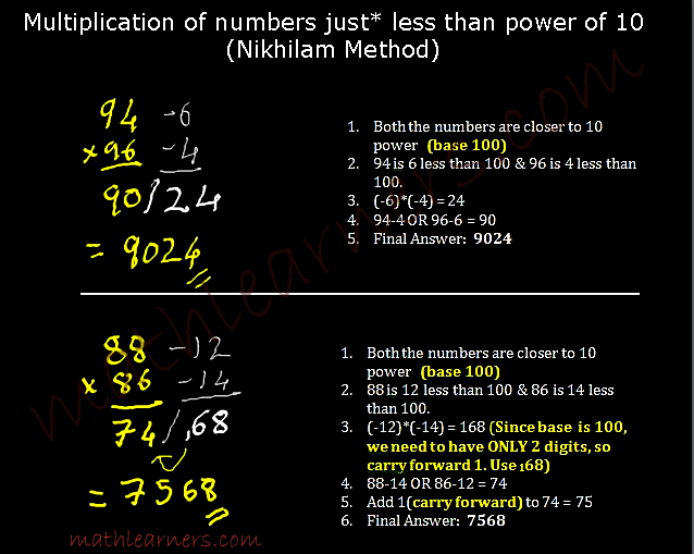 Vedic Mathematics- Shortcut Method to multiply numbers when numbers are closer to power of 10